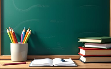 Chalkboard with school supplies and writing books pencils. High quality