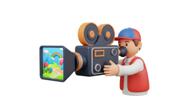 charming cartoon cameraman captures delightful rainbow landscape