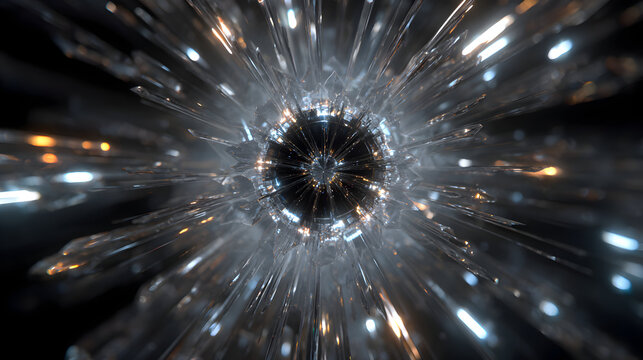 Abstract silver light beams converging towards a central black vortex creating a dynamic and radiant burst of energy conveying futuristic technological advancements and cosmic