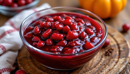 cranberry sauce in glass bowl, thanksgiving, no people, no text, no logo