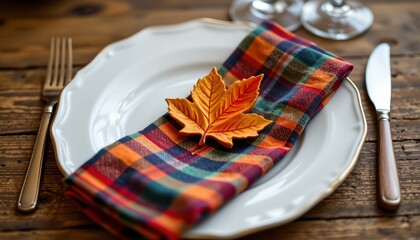 plaid napkin with leaf trinket, thanksgiving, no people, no text, no logo
