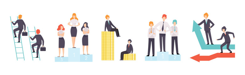 Man and Woman Business Worker Character Engaged in Professional Career Competition Vector Set