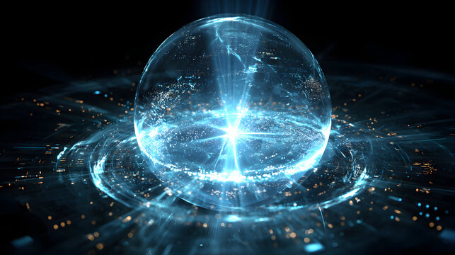 Futuristic glowing blue sphere on data stream platform showcasing innovative technology conceptual abstraction design representing energy source for modern science exploration