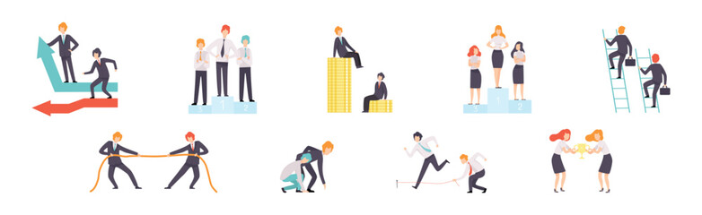 Man and Woman Business Worker Character Engaged in Professional Career Competition Vector Set