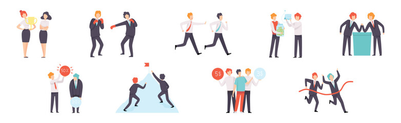 Man and Woman Business Worker Character Engaged in Professional Career Competition Vector Set
