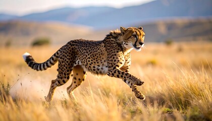 A cheetah sprints across a golden savanna, dust flying from its paws, under a hazy sunset sky.