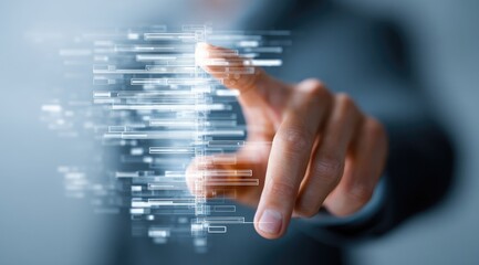 A hand interacts with digital code