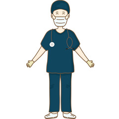 A cartoon illustration of a smiling doctor wearing navy blue scrubs, a surgical cap, gloves, a face mask, and a stethoscope around the neck, for labor day.