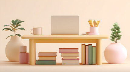 Minimalist Flat Pastel 3D Render of a Clean Study Desk