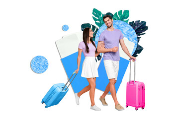 Creative advert promo collage of young couple wife husband carry luggage with tickets visa check in airport isolated on yellow background