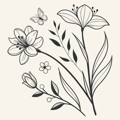 Minimilist elegant floral arrangement featuring a butterfly and various blooming flowers in black and white outline vector