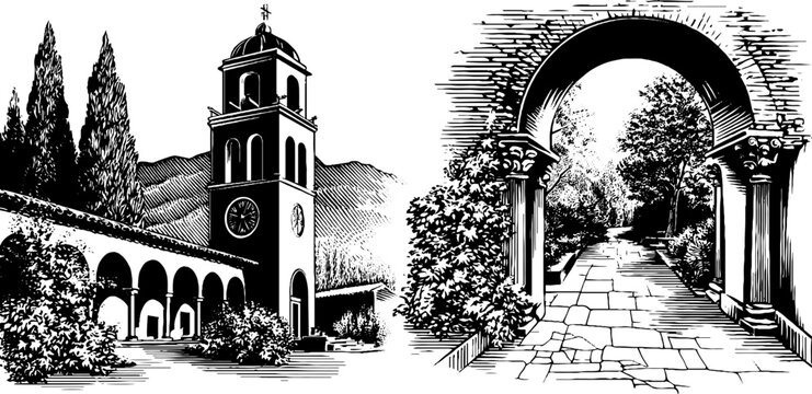 Vintage engraved illustration of monastery bell tower and pathway scene for design and decoration