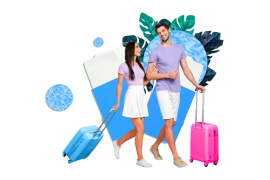 Creative advert promo collage of young couple wife husband carry luggage with tickets visa check in airport isolated on yellow background