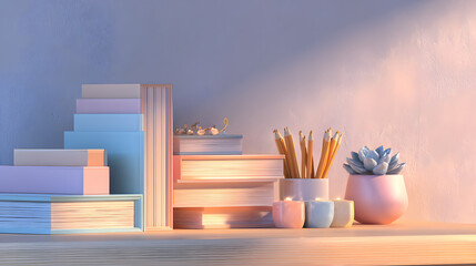 Soft 3D Render of a Classroom Desk Corner with Pastel Supplies