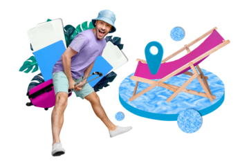 Funny guy worldwide collage tropical country flying baggage case geotag sunbed with passport documents isolated on yellow background