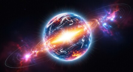 Celestial vision of an earth-like planet amidst stellar nebulas and cosmic rings