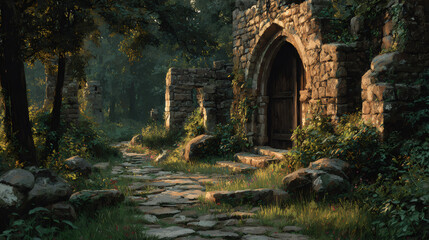 Fototapeta premium Ancient stone arch doorway in mystical forest with stone path at sunrise. Medieval architecture in enchanted woodland. Fantasy landscape for game design and book cover art