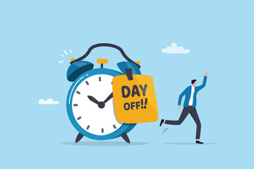 Day off, holiday or vacation reminder, work time planning for out of office notification, relaxation or weekend message memo concept, businessman run with enjoyment on day off note on alarm clock.