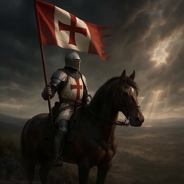 Epic Medieval Templar Knight on Horseback Holding a Banner Against a Stormy Battlefield Sky