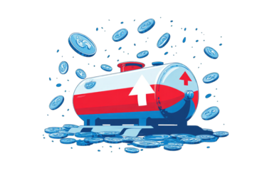 Tank overflowing with coins, upward arrow, financial gain