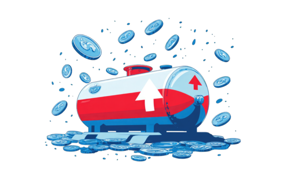 Tank overflowing with coins, upward arrow, financial gain
