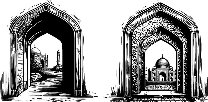 Vintage engraved illustration of persian iwan architecture for design projects