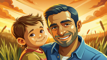Close-up portrait of father holding son, smiling warmly in a sunlit field, golden light embracing their faces, tender moment, joyful eyes, wind-kissed hair, glowing horizon, deep bond captured beautif