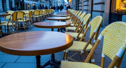 Charming Outdoor Cafe Seating with Wicker Chairs and Wooden Tables on a European Street