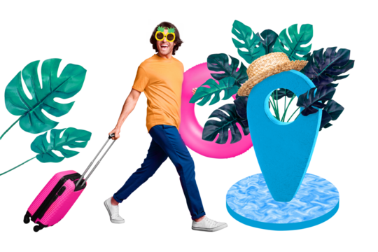 Artwork collage picture of funky funny guy travelling resort vacation isolated drawing yellow color background