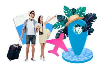 3d retro creative artwork template collage of excited guy lady going anniversary trip together isolated yellow color background