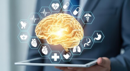 Brain Health Technology Conceptual Image: Futuristic Medical Interface with Doctor Holding Tablet