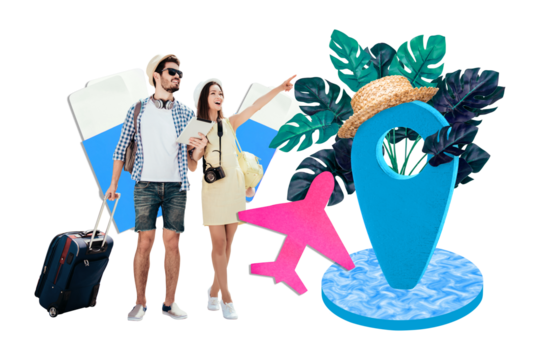 3d retro creative artwork template collage of excited guy lady going anniversary trip together isolated yellow color background