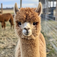 Close up portrait of a fluffy young alpaca with curious eyes on a farm