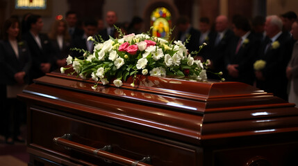 Polished wooden casket decorated with flowers, illuminated by stained glass light during the memorial service with a backdrop of mourners.