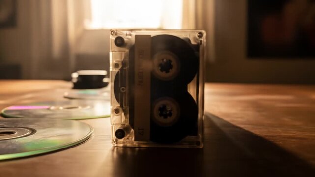 Cassette Tapes and CDs on a Wooden Table with Natural Light Streaming Through the Window in Background