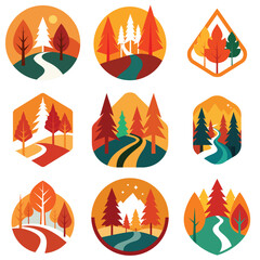 Nine Graphic Autumnal or Fall Landscapes in Geometric Style Illustrations