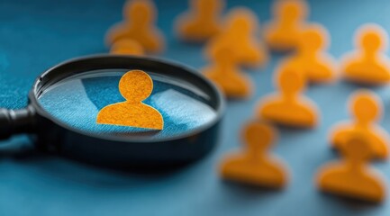 Magnifying glass focuses on a single orange person icon amidst many similar icons on a blue surface
