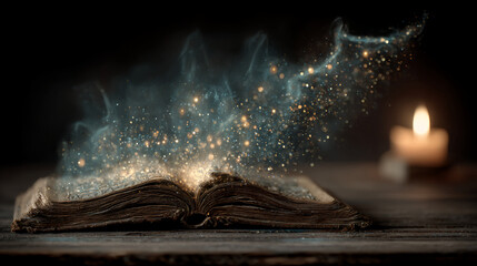 Magical open book with glowing sparkles and mystical smoke effect in dark room with candle light. Fantasy education concept. Wisdom and knowledge illustration
