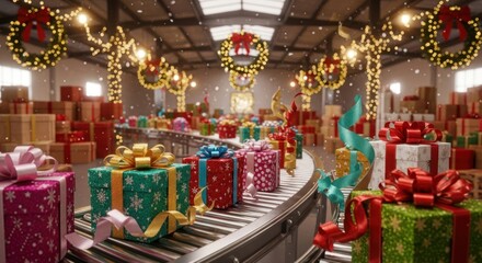 Festive automated conveyor belts carrying christmas presents in santa's workshop