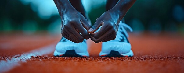 Runner tying shoelaces, preparing for a race. The image highlights athleticism, competition, and the importance of physical fitness, Generative AI