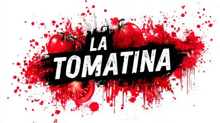 Obraz premium Bold playful typographic poster with tomato splashes and illustrations, vibrant design for La Tomatina festival