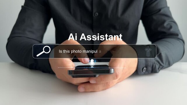 Person searching for information with the help of Ai assistant.Virtual assistant, artificial intelligence Bot and CRM software automation technology.Ai generator documents,bot writing and coding