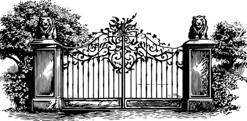 Fototapeta premium Ornate wrought iron gate with lion statues in vintage engraved style for design projects