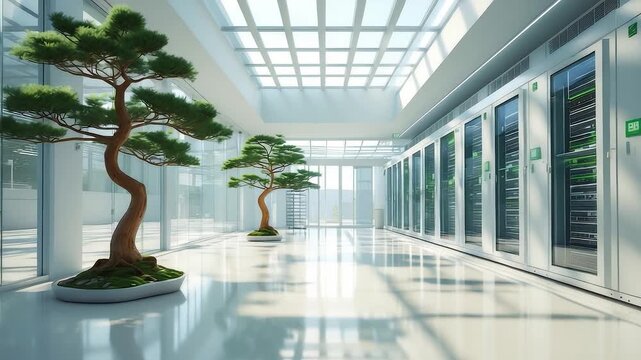 Modern Data Center with Rows of Server Racks and Decorative Bonsai Trees in Bright Glass Room with Natural Sunlight and Reflections

