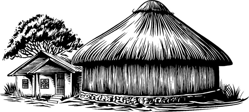 Engraved illustration of traditional zulu rondavel roof &ndash; cultural heritage design
