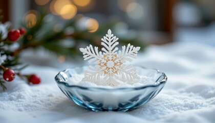 snowflake trinket in glass dish, winter, no people, no text, no logo