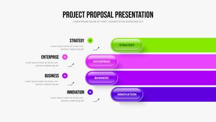 Obraz premium Product Introduction Presentation Template Vector Illustration. Corporate Development Four Step Infographic Slide Design. Consulting Growth 4 Element Diagram Frame Layout.