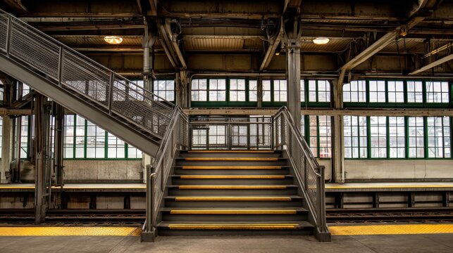 Stairway Leading Upwards in a Vintage Train Station with Industrial Design and Natural Light - Powered by Adobe
