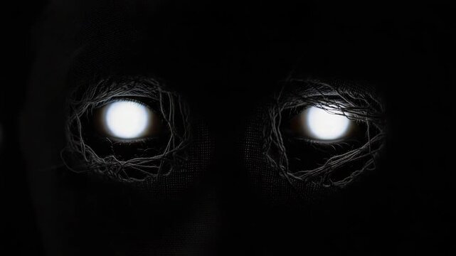 Creepy white eyes glow in the dark. Mysterious creature in a hood. Horror, mysticism, Halloween.