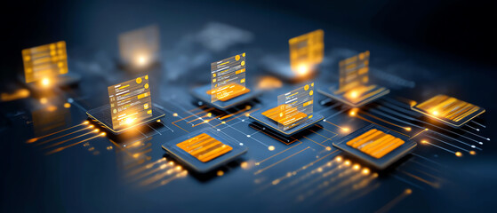 Futuristic digital interface with glowing orange data panels floating above a dark circuit board, representing advanced computing, data processing, and technology integration